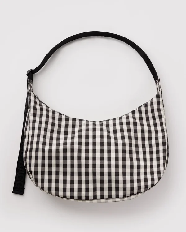 Large Nylon Crescent Bag - Black And Cream Gingham