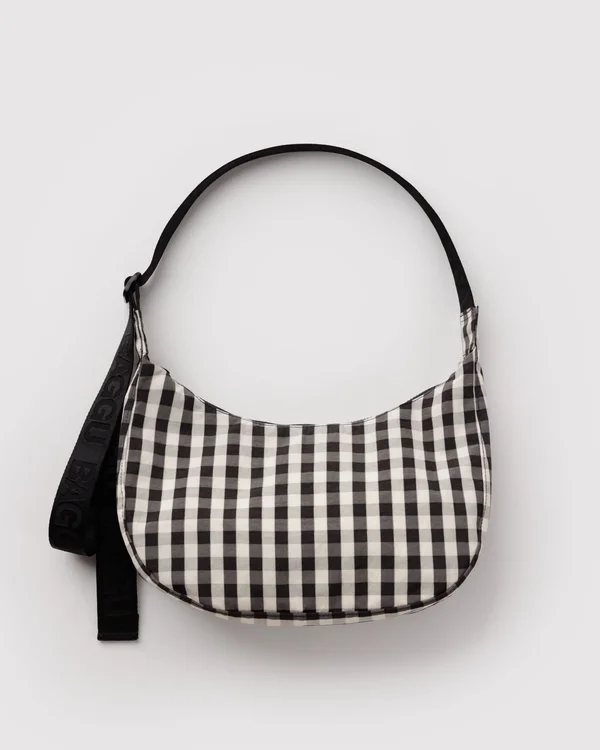 Medium Nylon Crescent Bag - Black And Cream Gingham - Size: OS