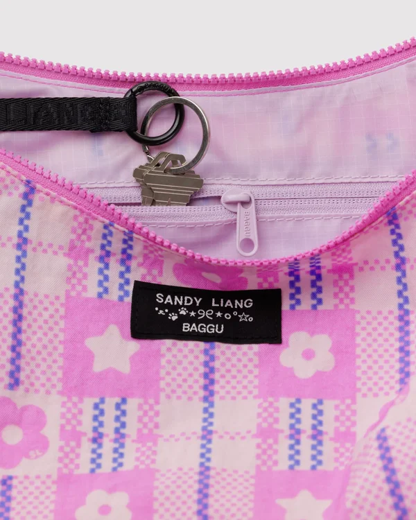 Medium Nylon Crescent Bag - Market Plaid Pink - Size: OS